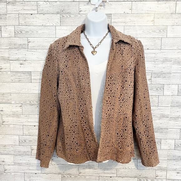 CHICO’S Light Brown Leather Perforated Jacket / Blazer, Chico’s Sz 1 (M / 8) - Picture 3 of 10